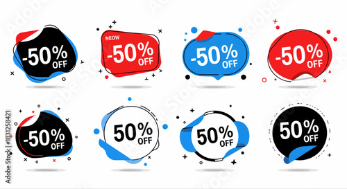 Discount Deal Badges: A visually appealing collection of geometric discount badges, each displaying a significant 50% off offer, ideal for promotional purposes and grabbing attention.
