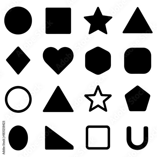 Geometric Harmony: A collection of various geometric shapes, each showcasing unique forms, including circles, squares, stars, and more, set against a pristine backdrop.