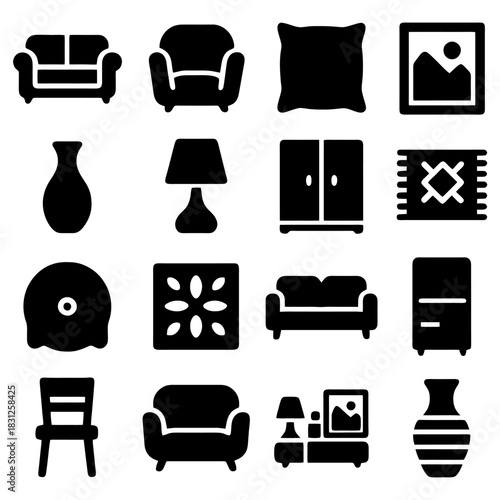 Interior Icons Collection: A compilation of essential interior design elements. This image showcases a range of elements for creating stylish and functional living spaces.