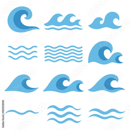 Waves Illustration: A series of stylized wave illustrations in various forms and patterns, depicting the dynamic movement and serenity of the ocean.