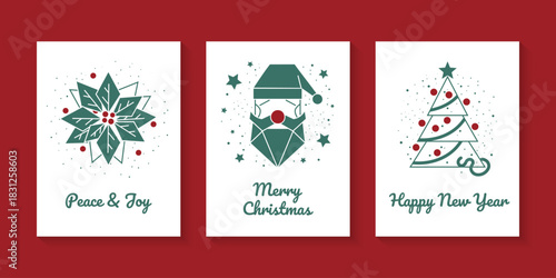 Set of Vector Seasonal Greeting Cards for Christmas, New Year with Saint Nicholas, Mistletoe, and Christmas Tree