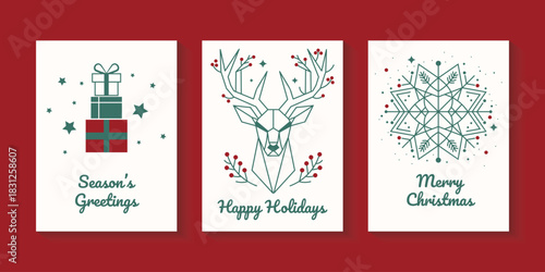 Set of Vector Seasonal Greeting Cards for Christmas, New Year: Gifts, Geometric Deer, Christmas Star