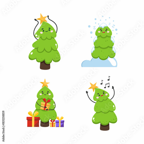 Fun and festive cartoon Christmas trees celebrating the holiday season in various joyful activities