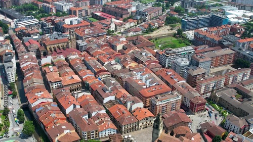 An aerial wide view above the city Durango in Spain, Basque on a sunny spring day. 