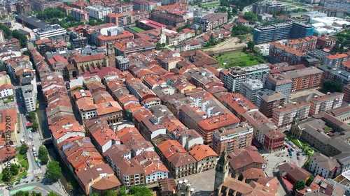 An aerial wide view above the city Durango in Spain, Basque on a sunny spring day. 