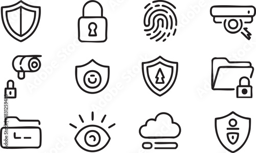 Several security themed black line icons are illustrated on a white transparent background