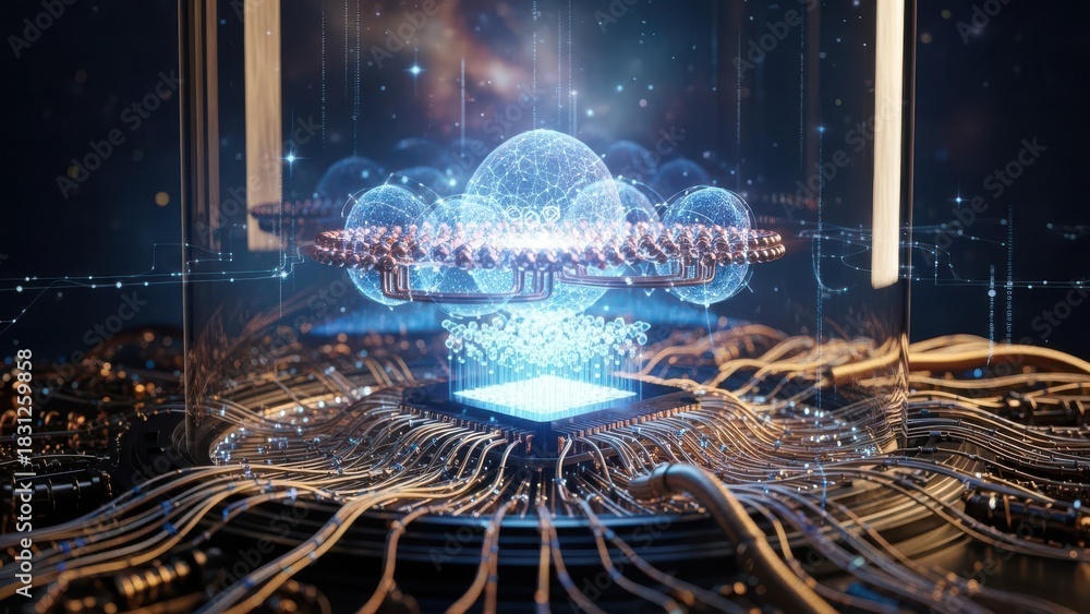Obraz premium Futuristic quantum computing core with glowing energy and circuits