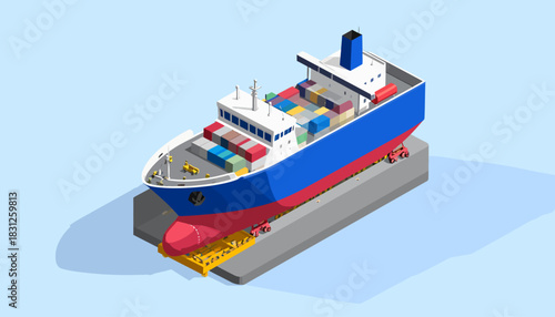 Isometric Container Ship in Dry Dock for Maintenance or Shipbuilding