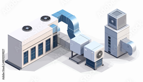 Isometric View of Modern HVAC System and Ductwork for Industrial or Commercial Buildings