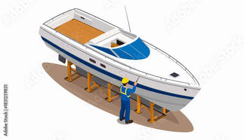 Isometric vector illustration of a man inspecting a boat on stands, portraying marine vessel maintenance and repair services.