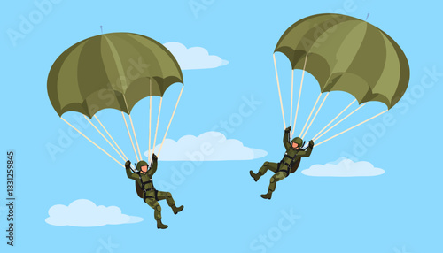 Two paratroopers in military uniform with green parachutes descending through a blue sky with clouds, airborne soldiers during training or skydiving.