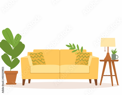 Modern Living Room Interior with Yellow Sofa, Houseplant, and Table Lamp. Cozy Home Decor Vector Illustration.