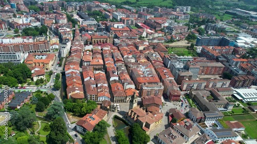 An aerial wide view above the city Durango in Spain, Basque on a sunny spring day. 