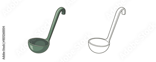 Vector illustration featuring a cooking ladle with a hooked handle in two styles: a colored dark green version and a minimal black outline contour version