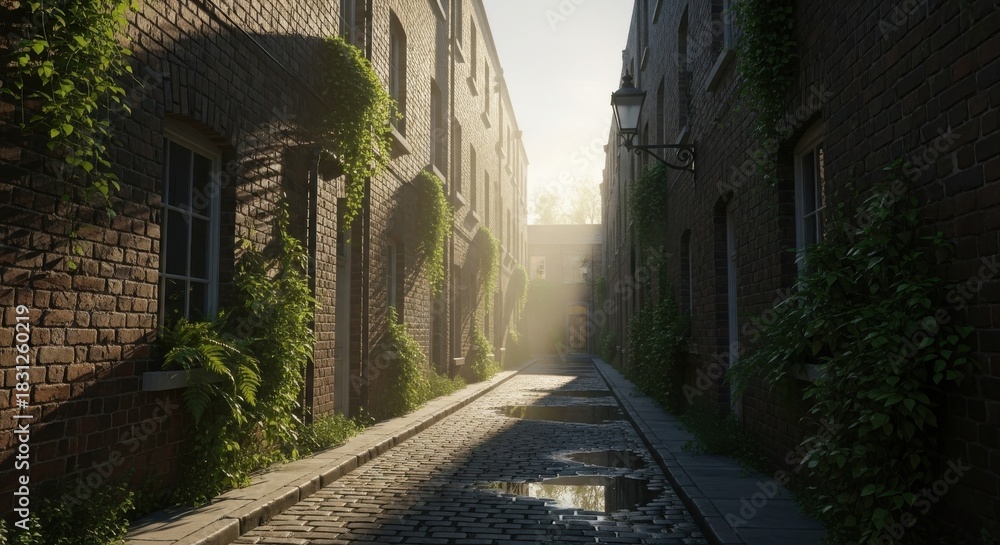 Obraz premium Ultra-realistic depiction of a sun-drenched, atmospheric cobblestone alleyway in an old European town, with ivy-clad brick walls and misty morning light creating a serene ambiance