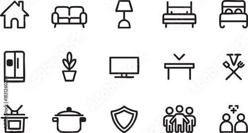 Interior household icons show diverse home objects on a white background ready for use