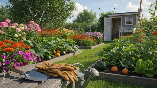 Fototapeta Naklejka Na Ścianę i Meble -  Vibrant summer garden with flowers vegetables and gardening tools