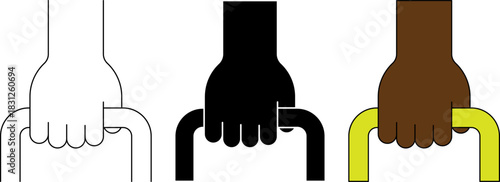 Vector icon set of a hand gripping a carrying handle in outline, silhouette, and color styles