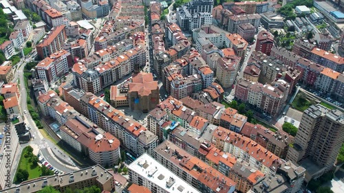 Aerial panoramic view of the downtown in the city Eibar in Spain on a sunny spring day. 