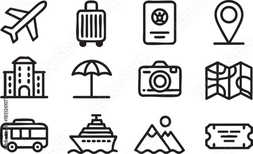 Collection of travel and vacation icons representing transportation, accommodation, and activities for a journey