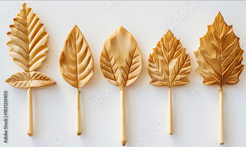 Wooden carved leaf shape cake topper set isolated on white background realistic photography