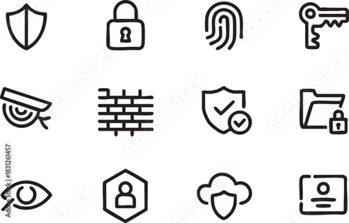 Black outline icons show security, protection, and access on a white background