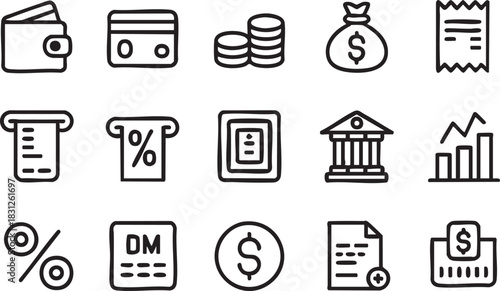 Hand drawn elements show financial icons with wallet, money bag, and credit card