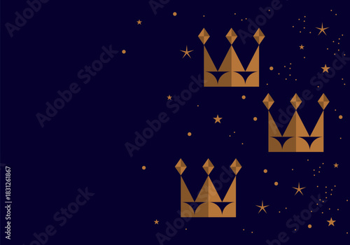 Three gold crowns for Traditional Three King's Day of January 6, holiday background vector illustration. Epiphany holiday