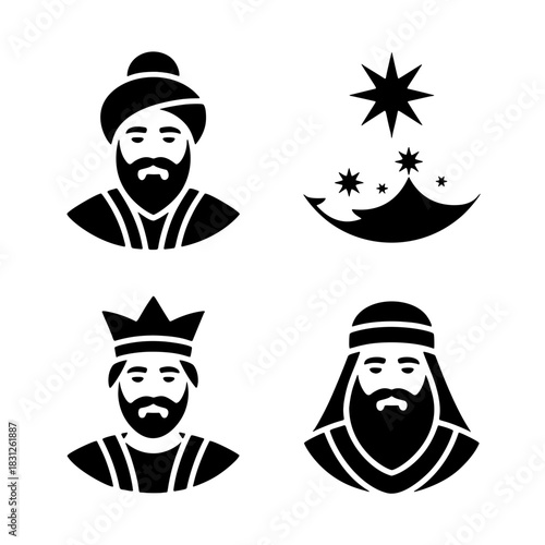 Majestic Mages and Guiding Light: Four intricately designed icons, a captivating symbol of wisdom and faith, a radiant star of Bethlehem shines brightly above, illuminating the path for the wise men.