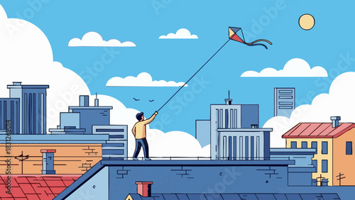 Man flying a kite on rooftop with city skyline under blue sky  