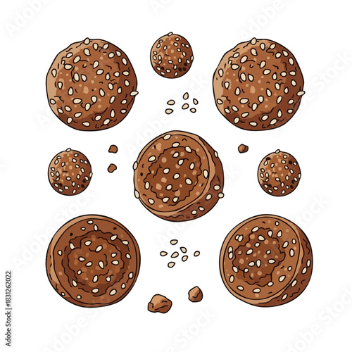 Sesame jaggery sweets in various sizes and arrangements on white background  