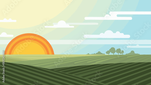 Sunrise over green fields with warm sunlight symbolizing Makar Sankranti  