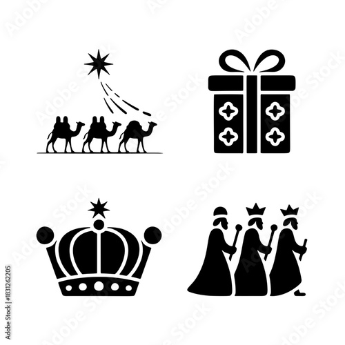 Symbol of the Three Wise Men: A minimalist, high-contrast illustration showcasing the key elements of the biblical story of the Three Wise Men and the celebration of epiphany.