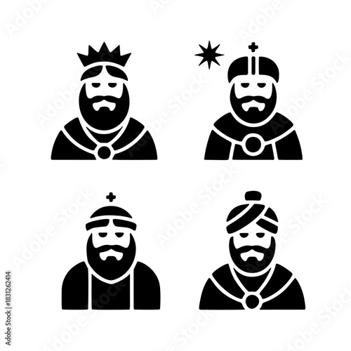 Wise Men's Icon Set: A minimalistic illustration depicts the wise men, each with distinctive crowns and symbolic features, offering a glimpse into a timeless tale of faith and devotion.