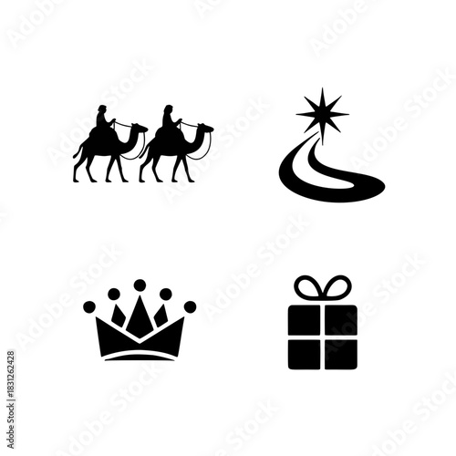 Holy Iconography: A minimalist representation of key elements from a significant religious story, composed of symbolic icons. Including wise men on camels, a guiding star, a royal crown.