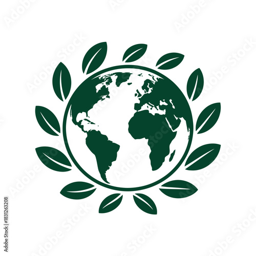 A stylized globe surrounded by green leaves, symbolizing environmental protection and sustainability.