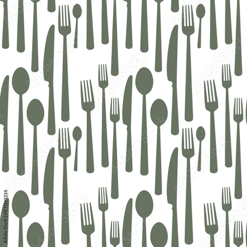 A repeating pattern of kitchen utensils like forks, spoons, and knives creates a visually interesting background.
