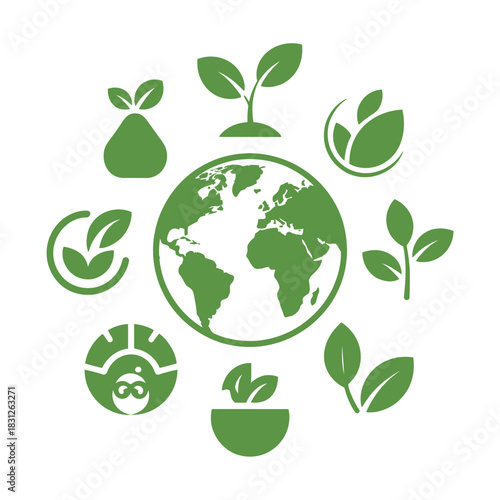 Green leaves and sprouts circle a stylized globe, representing environmental conservation and growth.