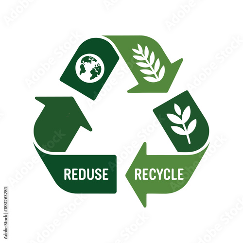 Recycling symbol with icons representing earth, growth, and reuse encourages environmental responsibility.