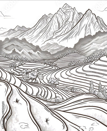 Mountains and rice fields with Engraving hand drawn isolated white background cartoon style thick linelow detailno shading