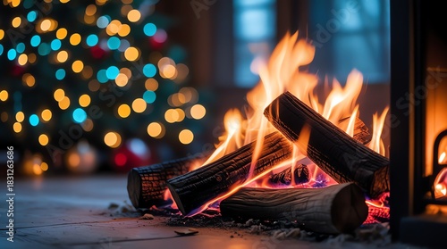 Cozy fireplace with Christmas tree in soft focus background