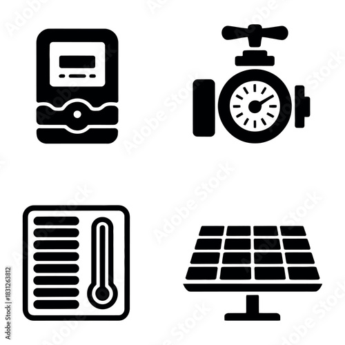 Set of icons representing temperature gauge, water meter, thermometer, and solar panel.