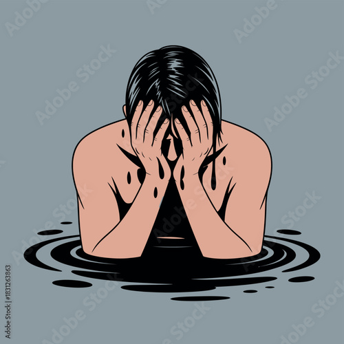 Person hiding their face in hands while submerged in dark liquid, expressing distress.