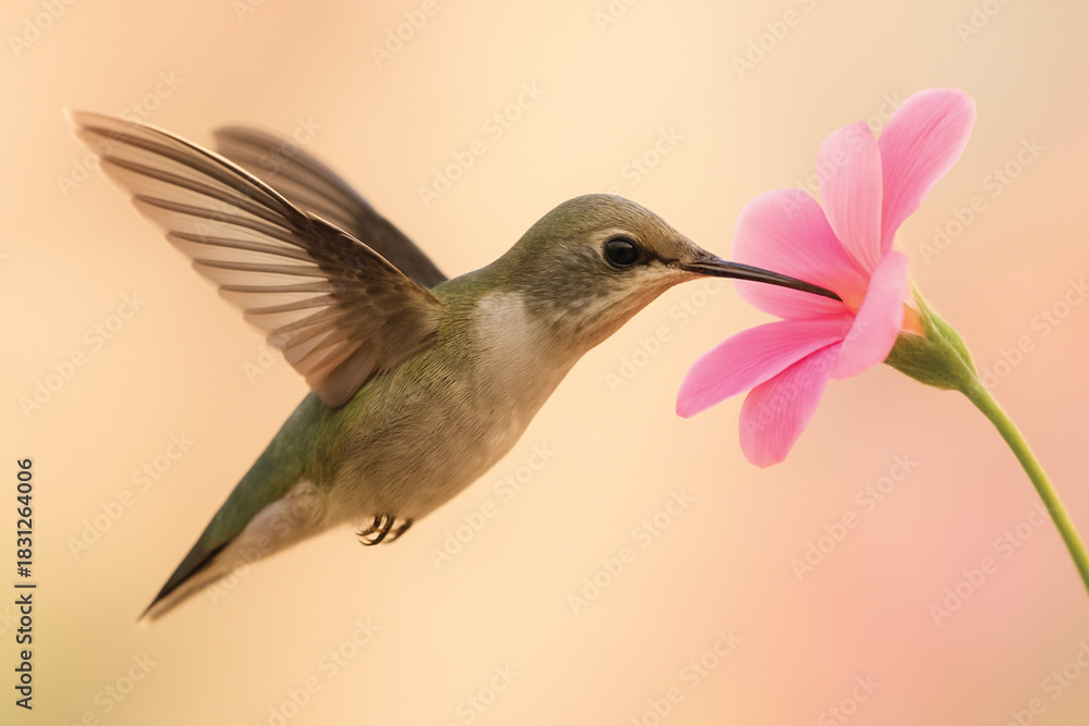 Fototapeta premium Hummingbird Hovering Near Pink Flower