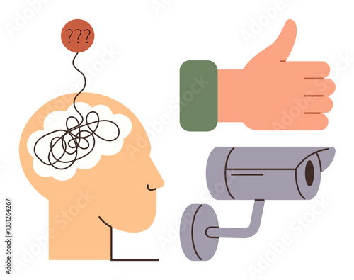 Confused head with tangled lines, approving thumbs-up, and security camera. Ideal for decision-making, mental health, surveillance, social approval, privacy, psychology and behavioral studies