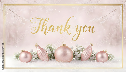 Christmas thank you card with pink ornaments and snowy pine branches. Holiday gratitude concept. Winter season appreciation.
