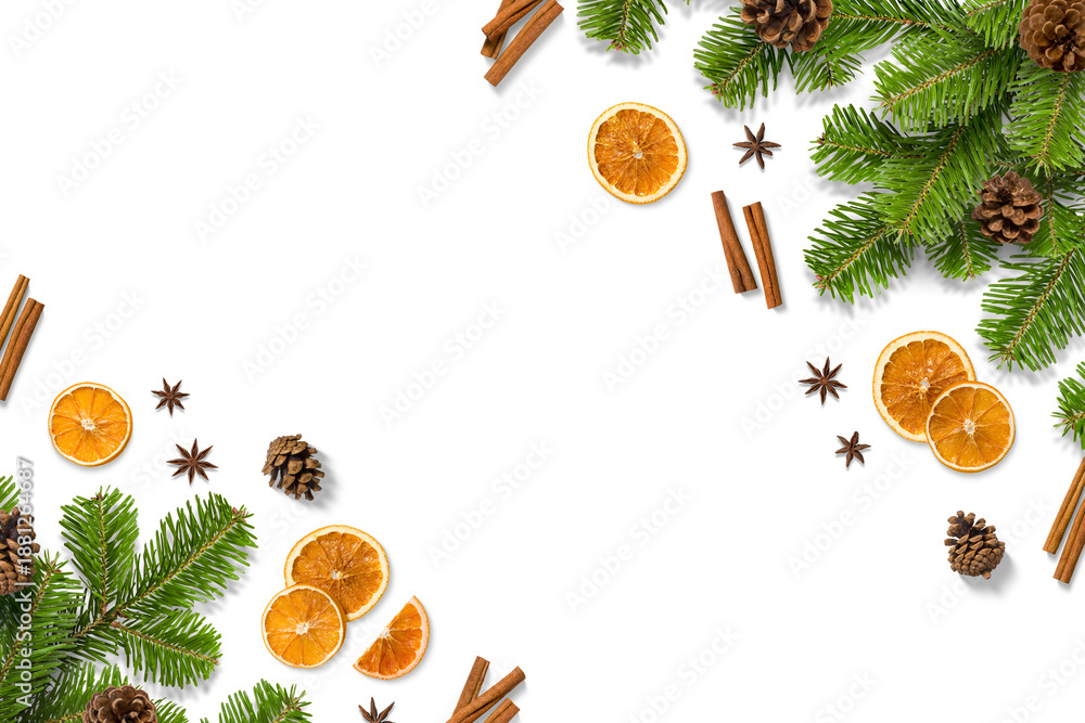 Fototapeta premium Christmas composition with green fir branches, dried orange slices, cinnamon sticks, anise and pine cones isolated on a transparent background. Perfect for Christmas and winter designs.