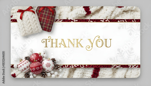 Thank You greeting card with cozy knit texture, gift boxes, and festive ornaments for winter holidays and appreciation concept.