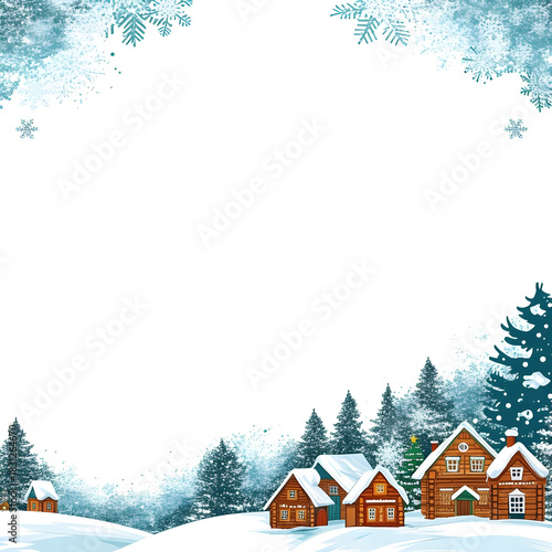 Winter background with log cabins nestled in snow-covered landscape with evergreen trees and falling snowflakes. Seasonal holiday card or banner.