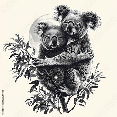 affectionate koala embrace moonlight art